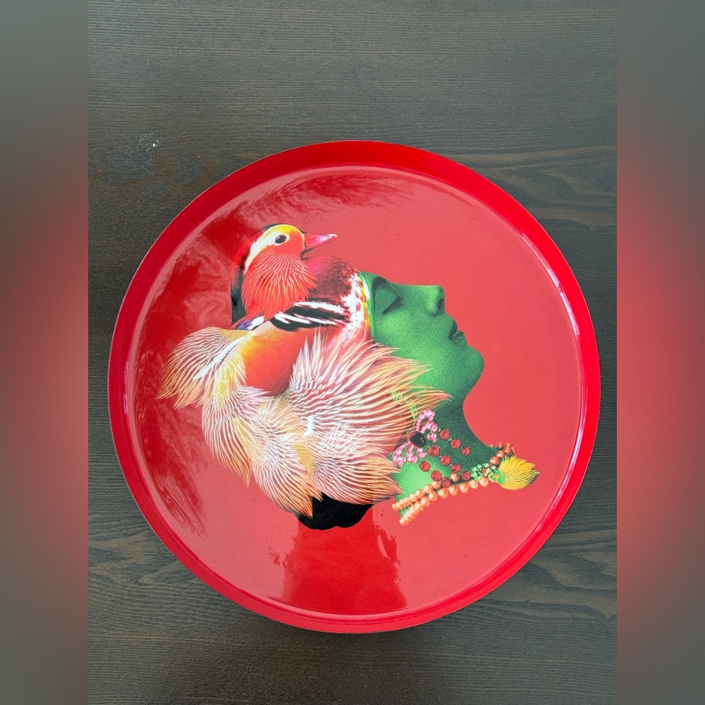 Red Decorative Tray with Artistic Design